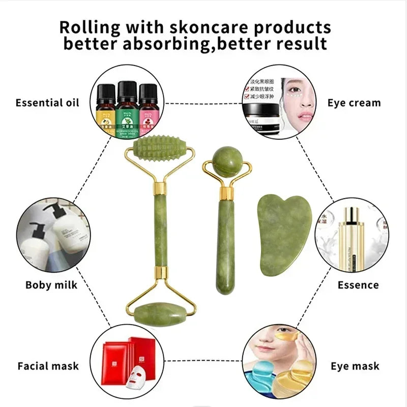 Natural Jade Face Roller & Gua Sha Set – Stone Massage Tool