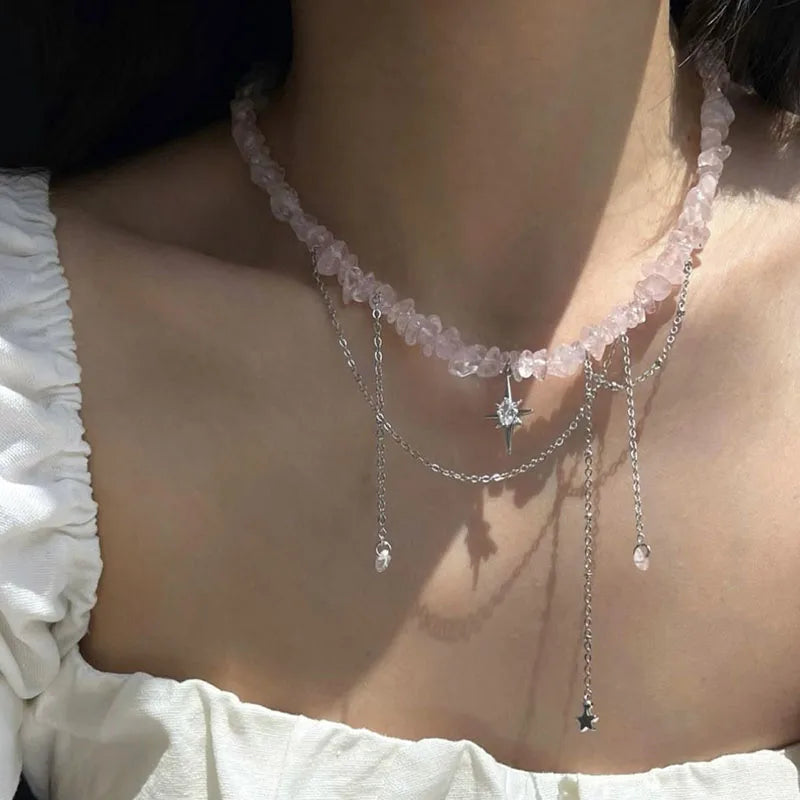 Multilayer Tassel Chain Necklace – Blue Stone Vintage Choker