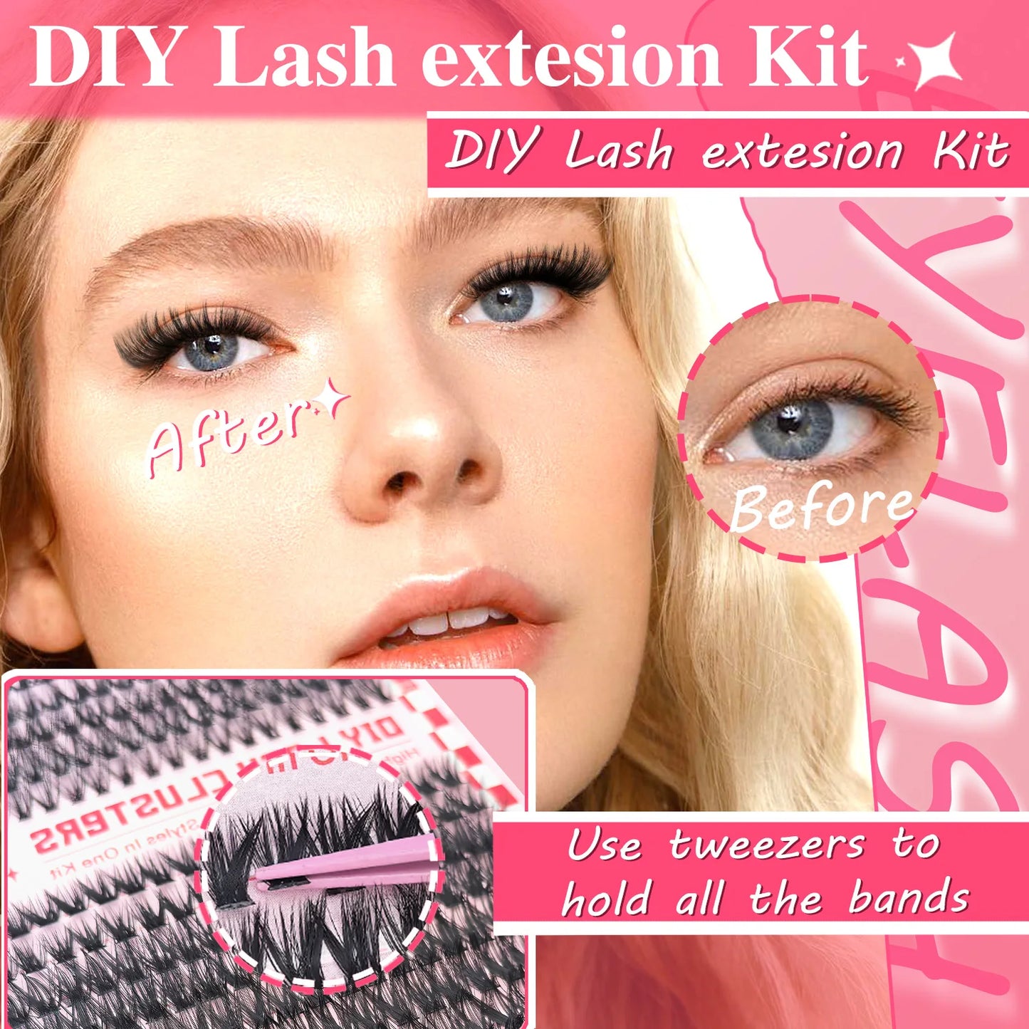 DIY Eyelash Extension Kit – Multi-Length Lashes with Tweezers & Glue