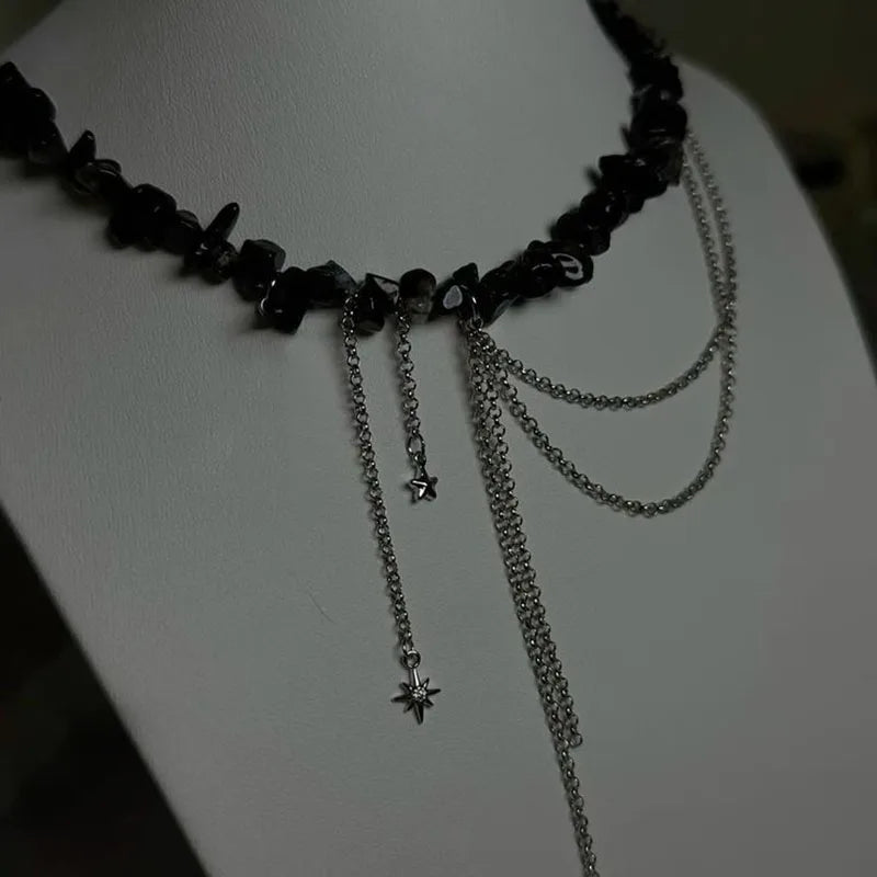 Multilayer Tassel Chain Necklace – Blue Stone Vintage Choker