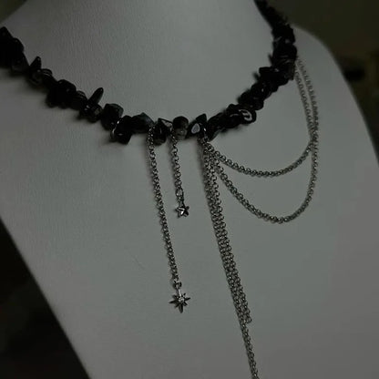 Multilayer Tassel Chain Necklace – Blue Stone Vintage Choker