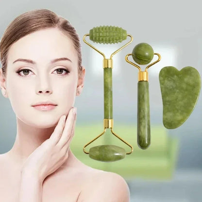 Natural Jade Face Roller & Gua Sha Set – Stone Massage Tool
