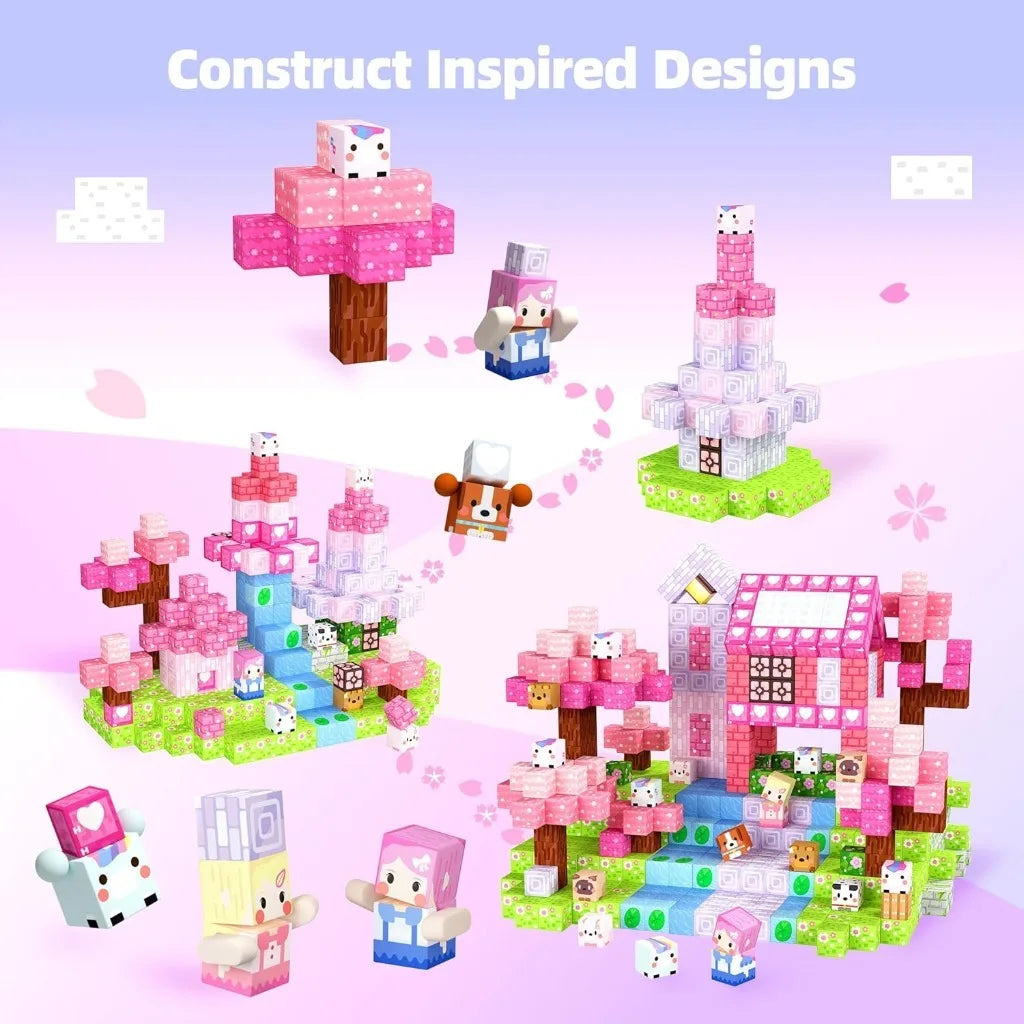 Magnetic Building Blocks Set – Pink Heart & Floral Cubes for Kids