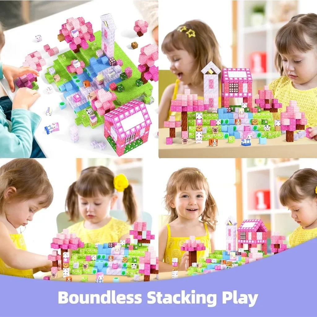 Magnetic Building Blocks Set – Pink Heart & Floral Cubes for Kids