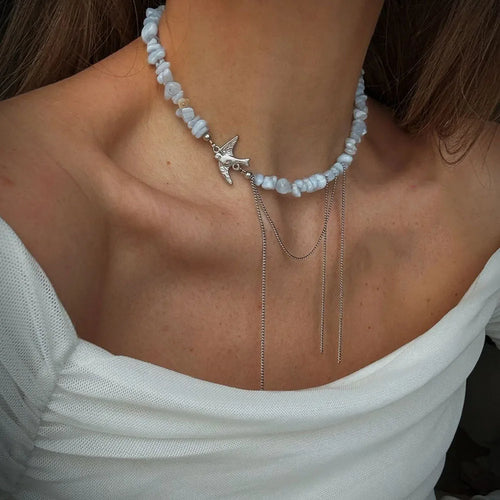 Multilayer Tassel Chain Necklace – Blue Stone Vintage Choker
