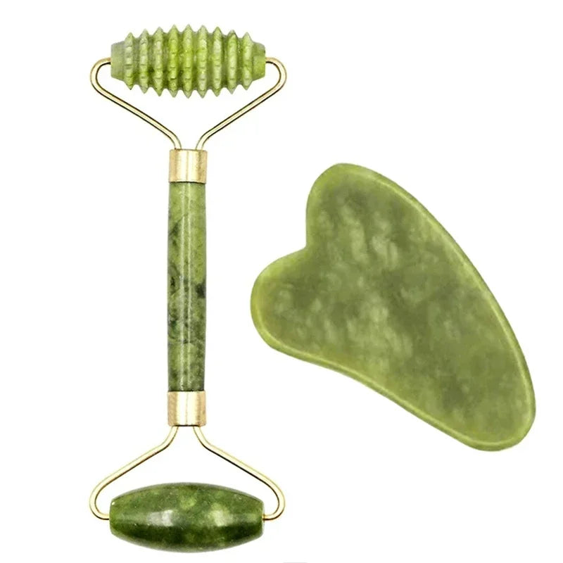 Natural Jade Face Roller & Gua Sha Set – Stone Massage Tool