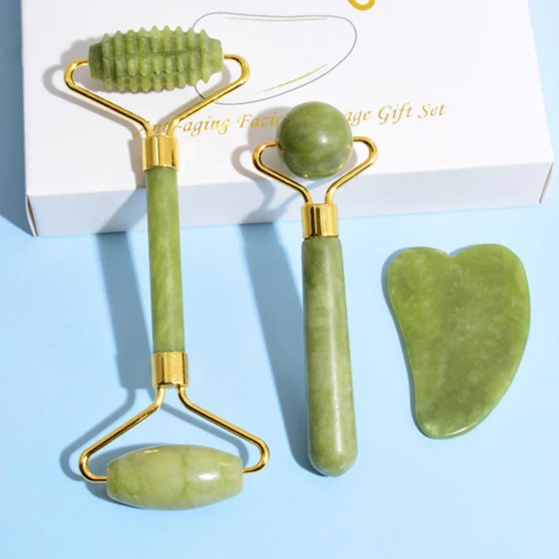 Natural Jade Face Roller & Gua Sha Set – Stone Massage Tool