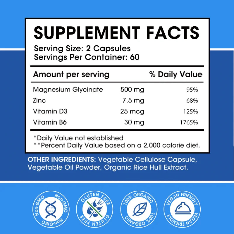Magnesium Glycinate 500mg Capsules – With Zinc, Vitamin D3 & B6