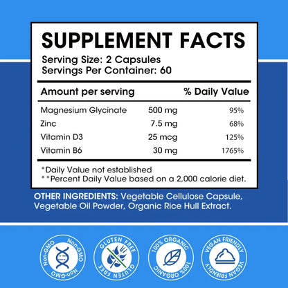 Magnesium Glycinate 500mg Capsules – With Zinc, Vitamin D3 & B6