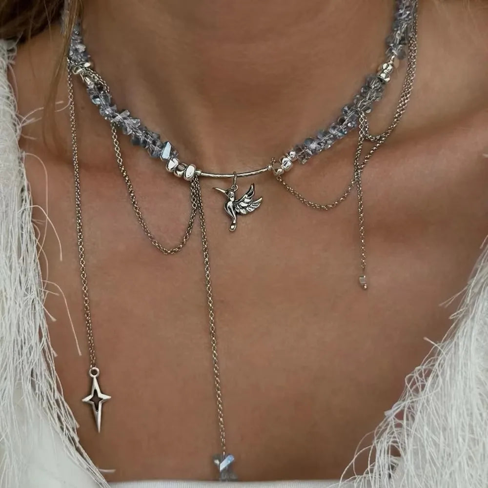 Multilayer Tassel Chain Necklace – Blue Stone Vintage Choker