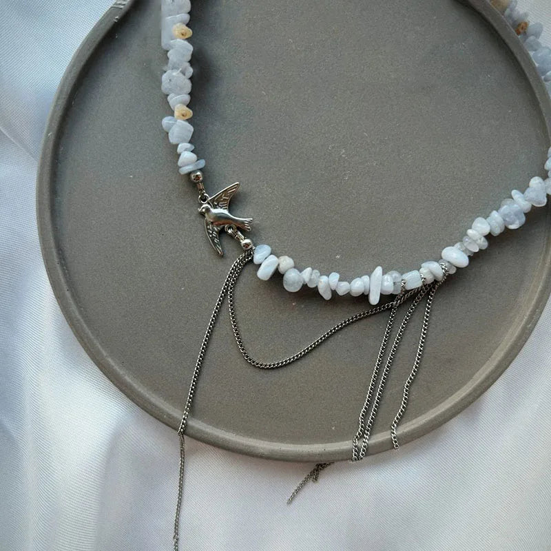 Multilayer Tassel Chain Necklace – Blue Stone Vintage Choker