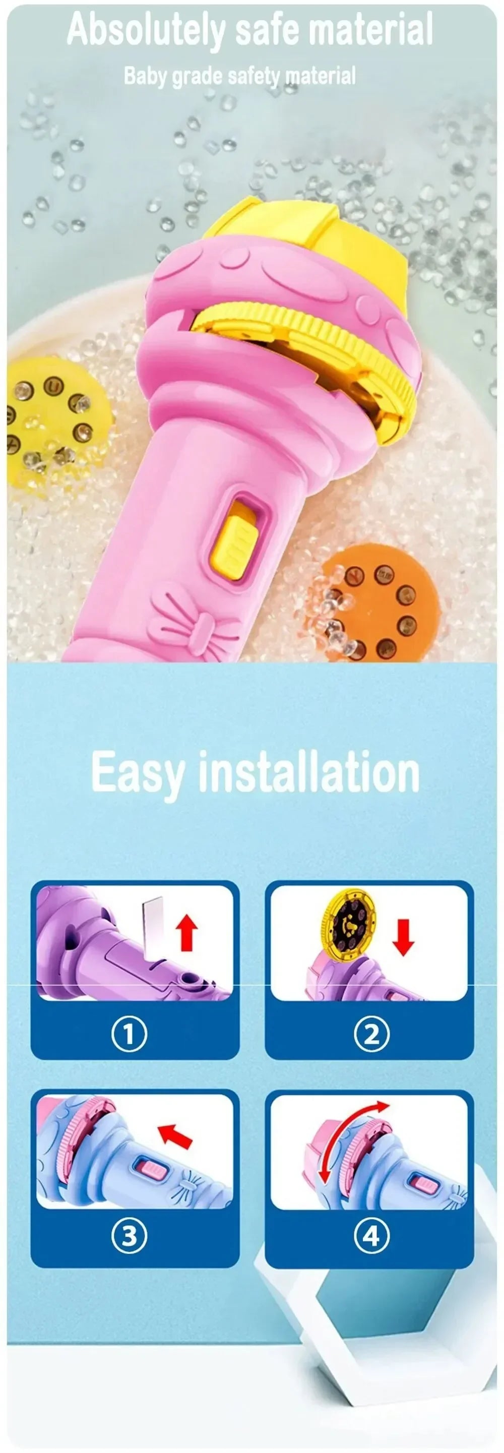 Kids Projector Flashlight – 10 Cards 80 Patterns Bedtime Toy
